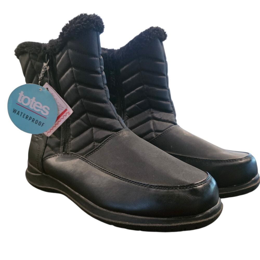 Totes Womens 10 Wide Waterproof Winter Snow Boots Black Faux Fur Zip Quilted